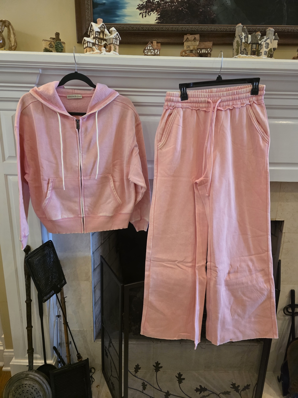 Zenana Outfitters Washed Pink Zip Hoodie & Wide-Leg Joggers Set